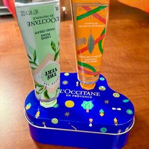 L'OCCITANE Green and Orange Hand Cream Duo with Collector’s Blue Tin - NWOT
